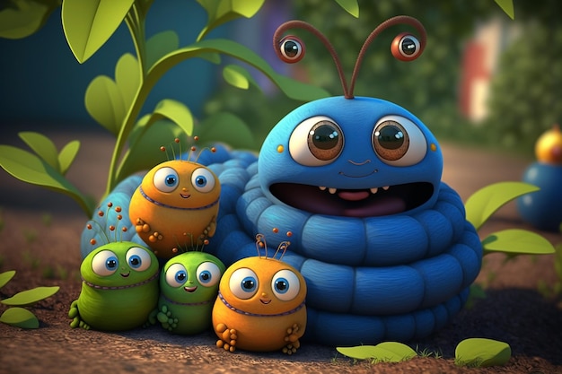 A cartoon of a caterpillar with a group of babies.