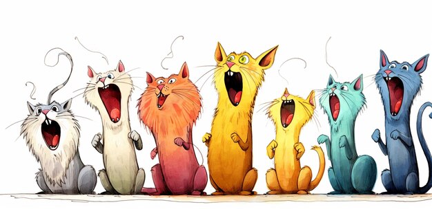 Foto i gatti dei cartoni animati sono allineati in fila e cantano generativo ai