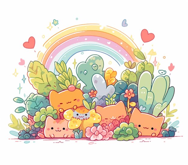 Photo cartoon cats surrounded by plants and rainbows in a garden generative ai