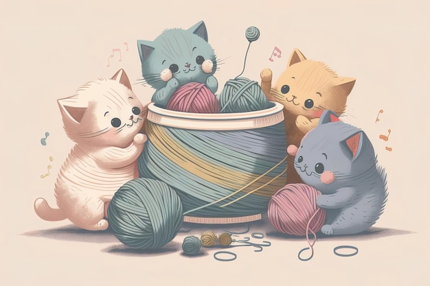 A cartoon of cats with a ball of yarn.