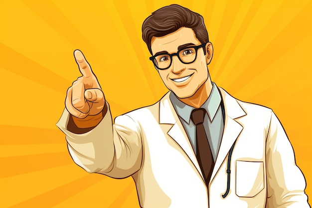 写真 漫画の白人男性医師は眼鏡ネクタイと白衣を着て黄色の背景を指差し