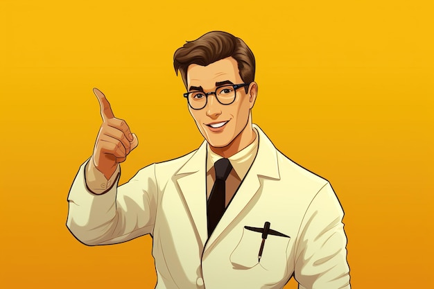 Cartoon caucasian man doctor wears glasses tie and white coat finger pointing up yellow background