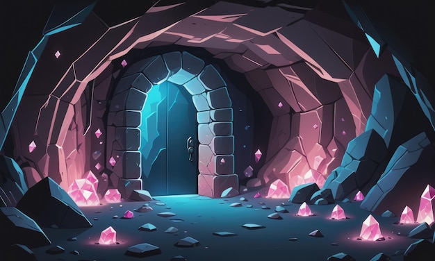 Cartoon cave with pink crystals on stone walls illustration of underground