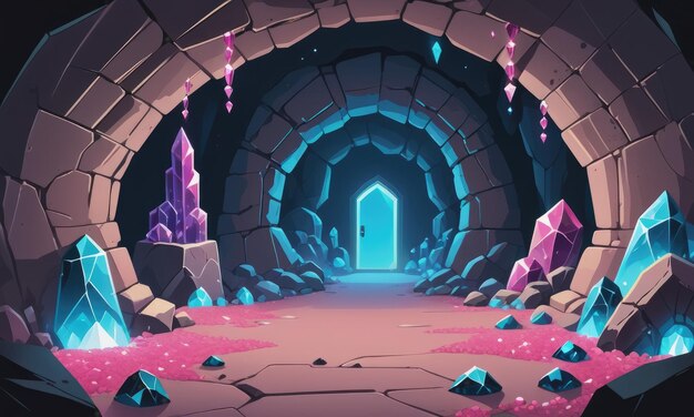 Cartoon cave with pink crystals on stone walls illustration of underground