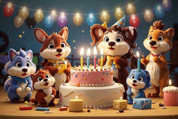 Foto celebrazione dei cartoni animati gli animali soffiano le candele della torta di compleanno