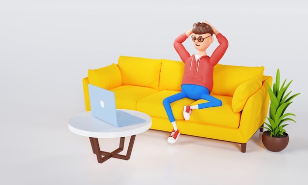 사진 만화 캐릭터 남자는 소파에 앉아 노트북 3d 그림에서 비디오를 봅니다.