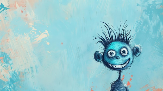 Cartoon character against a textured blue backdrop exuding quirky and creative vibes