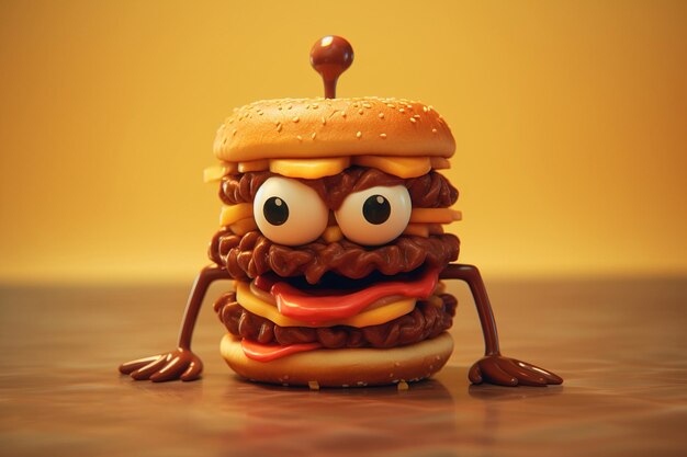 Cartoon character angry hamburguer 3d illustration for children generative ai