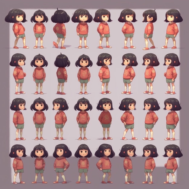 Photo cartoon character animation of a girl with different poses generative ai