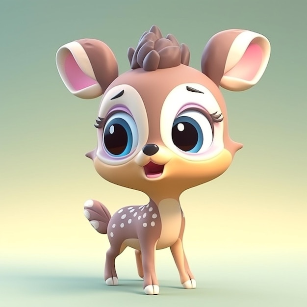 A cartoon character of a baby deer with a pink nose and blue eyes.