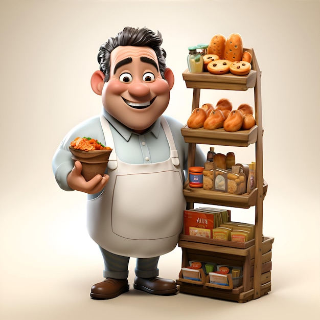 Cartoon character of baker with baguette and bread on shelves