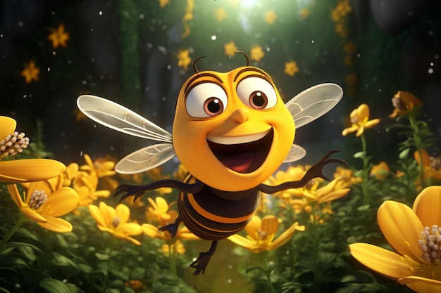 Cartoon character bee in an animated setting