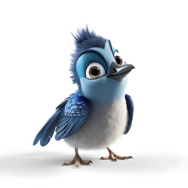 Cartoon character of a bird with blue eyes on white background