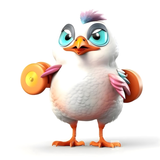 Cartoon character of a bird with dumbbells on white background