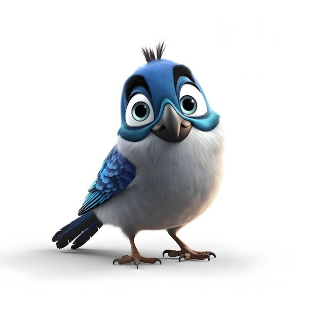 Cartoon character of a blue bird with glasses and blue plumage