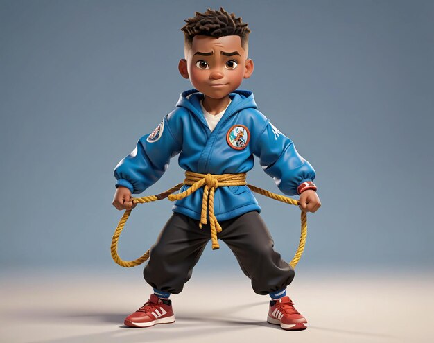 a cartoon character in a blue karate outfit
