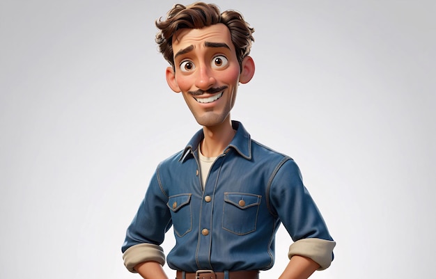 Foto un personaggio di cartone animato in camicia blu e pantaloni marroni