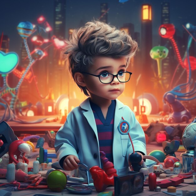 Photo cartoon character of a boy in a lab coat and glasses surrounded by toys. generative ai.