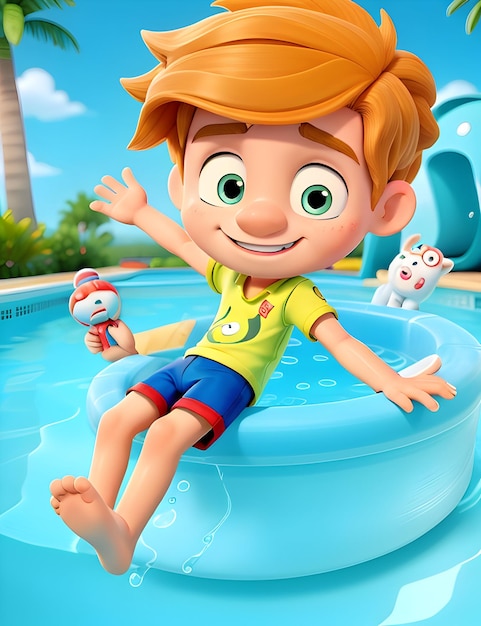 Мультфильмный персонаж мальчик в бассейне