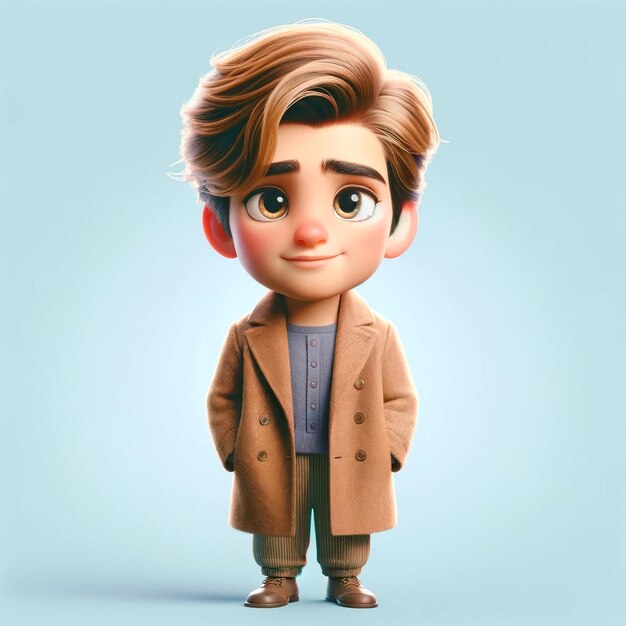 A cartoon character of a boy with a brown jacket and a blue shirt amp also front pose