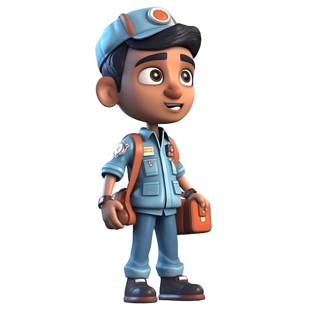 Cartoon character of a boy with police uniform with backpack and hat
