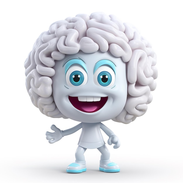 Cartoon character of brain with happy expression on white background 3d rendering
