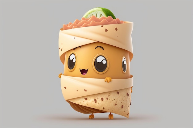 A cartoon character of a burrito with a face and eyes.