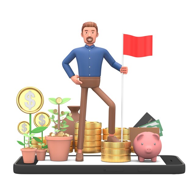 Фото Персонаж из мультфильма бизнесмен и монетки идет успех финансовый.