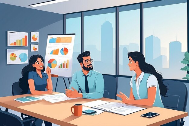 Cartoon character business team have conversation Woman and man at morning meeting Illustration of discussion and talk speech talking brainstorm