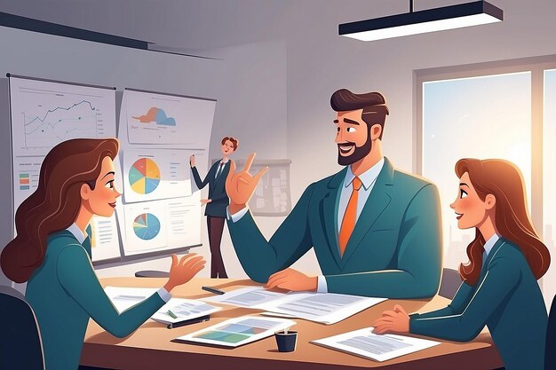 Cartoon character business team have conversation Woman and man at morning meeting Illustration of discussion and talk speech talking brainstorm