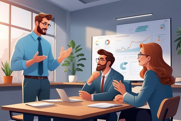 Cartoon character business team have conversation Woman and man at morning meeting Illustration of discussion and talk speech talking brainstorm