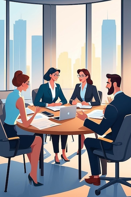 Cartoon character business team have conversation Woman and man at morning meeting Illustration of discussion and talk speech talking brainstorm