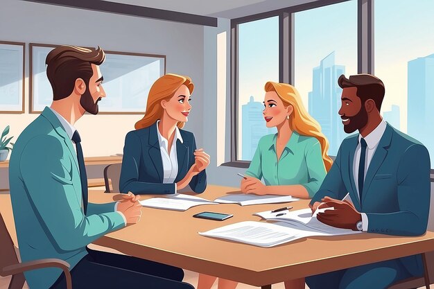 Photo cartoon character business team have conversation woman and man at morning meeting illustration of discussion and talk speech talking brainstorm