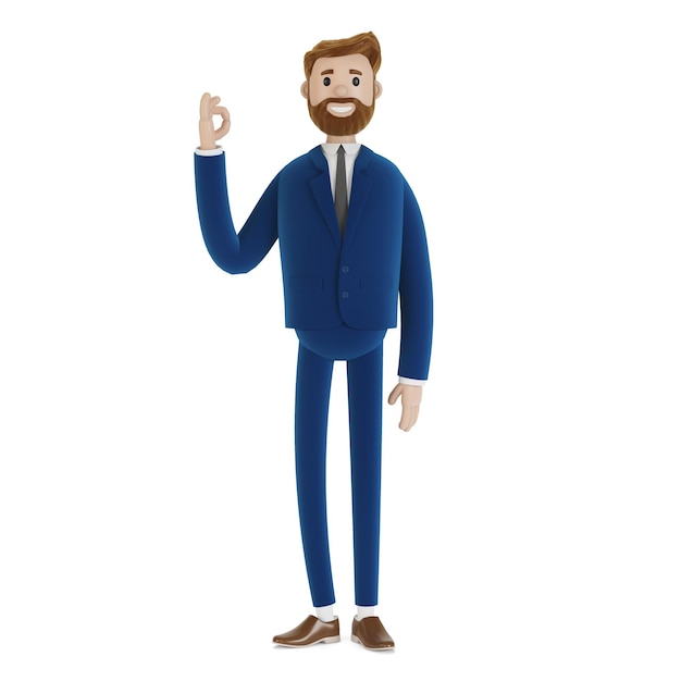 Cartoon character businessman shows a sign okay. 3d illustration.