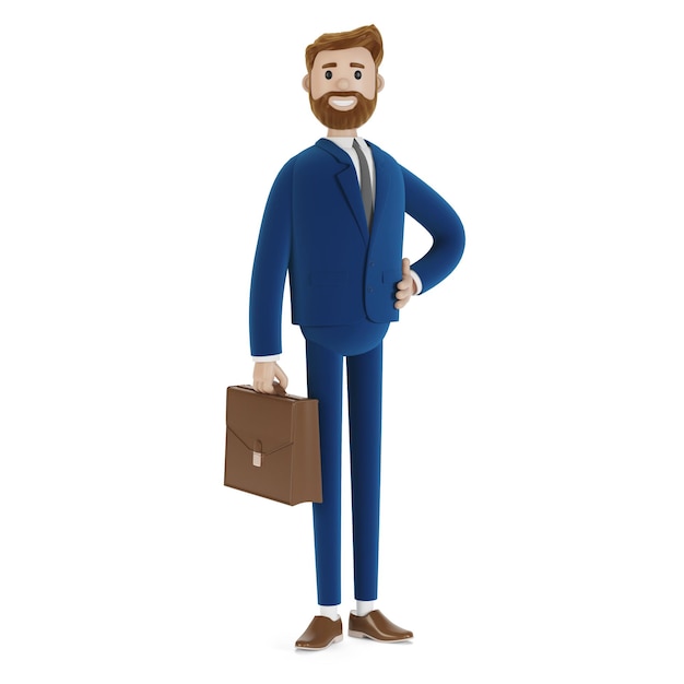 cartoon character businessman stands with case. 3d illustration