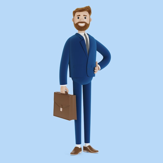 cartoon character businessman stands with case. 3d illustration
