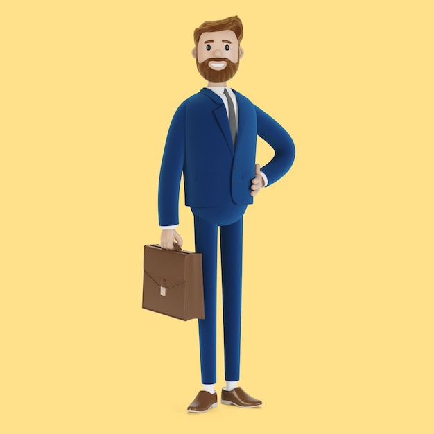 cartoon character businessman stands with case. 3d illustration