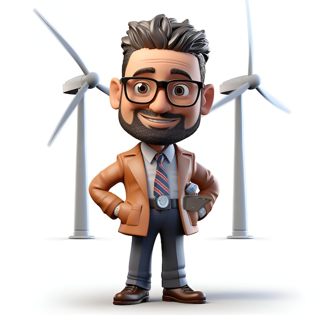 Cartoon character of businessman with wind turbines in the background 3d rendering