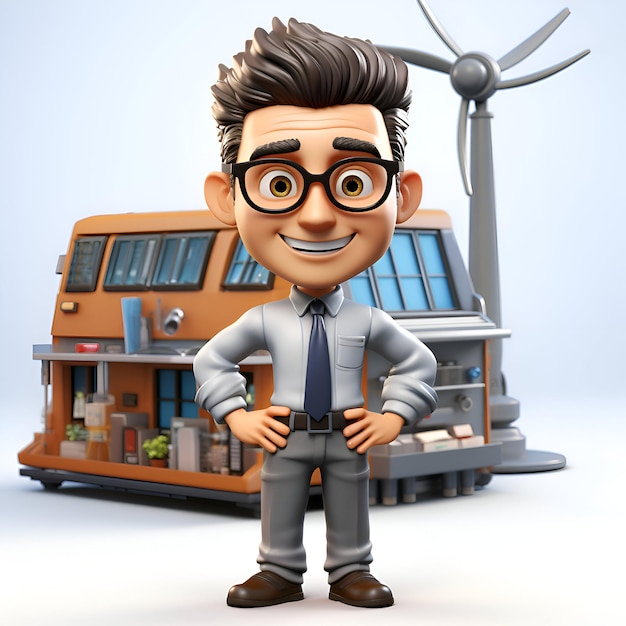 Cartoon character of businessman with windmill in the background 3d illustration