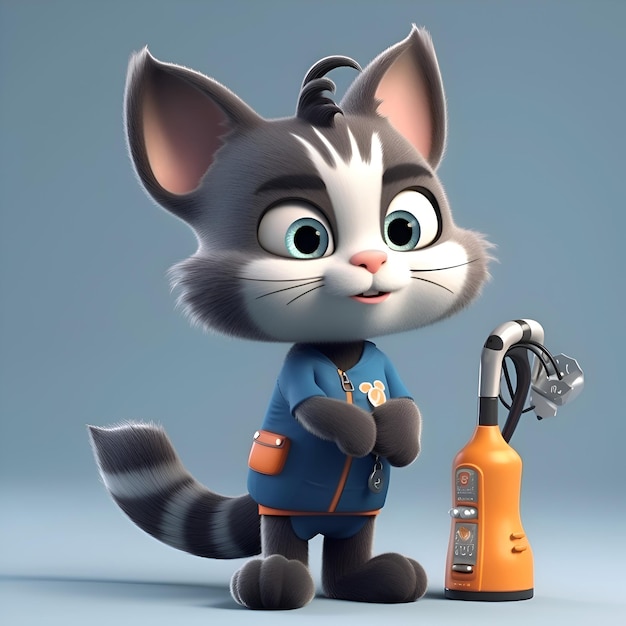 Cartoon character of a cat mechanic with a wrench and a vacuum cleaner