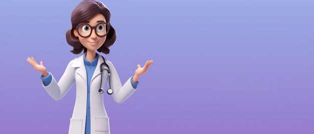 Cartoon character caucasian woman doctor on blue with copy space for text