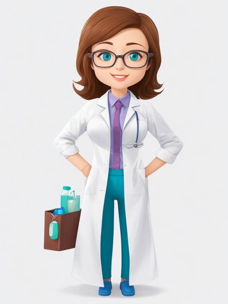 Photo cartoon character caucasian woman doctor wears glasses and uniform