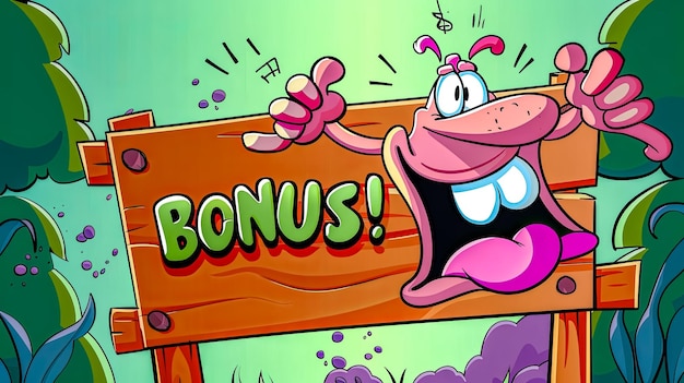 Cartoon character celebrating bonus sign