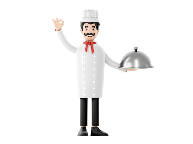 Cartoon character, chef with dish and ladle. Cheerful chef smiles. 3d rendering.