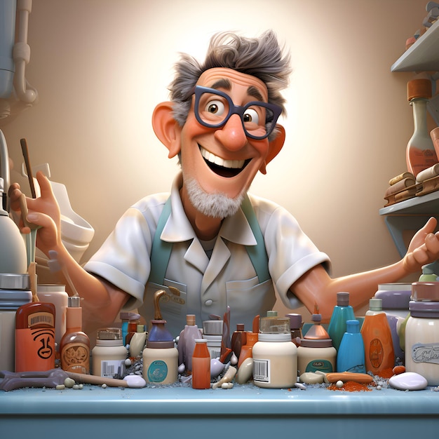 眼鏡をかぶった化学者のアニメキャラクター 3Dイラスト