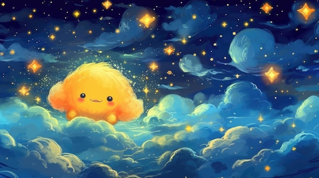 A cartoon character in the clouds with a yellow face and a blue background with stars.