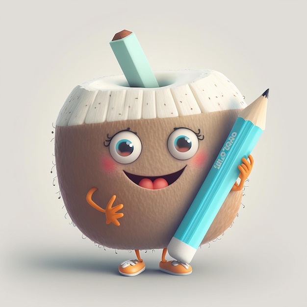 Photo cartoon character coconut with a pencil generative ai
