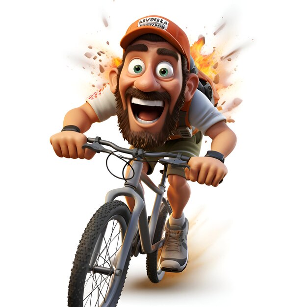 Photo cartoon character of cyclist with explosion effect on a white background