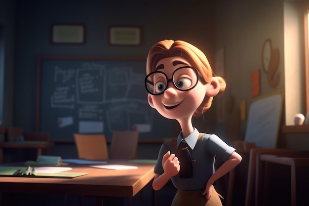 A cartoon character in a dark room with a desk and a sign that says'pixar '