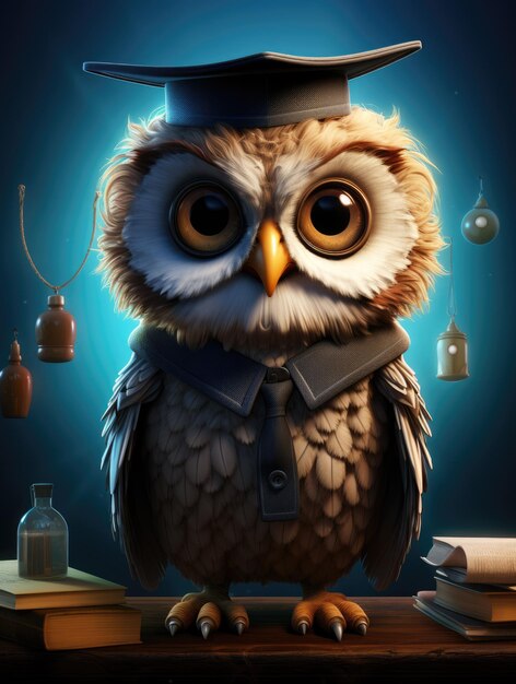 A cartoon character design of a smart owl with big round eyes a book in its claws and a graduation hat on its head AI Generative